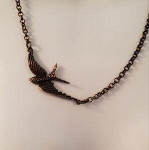 Vintage 70s Bronze Bird Black Swallow Chain Pendant Statement Necklace